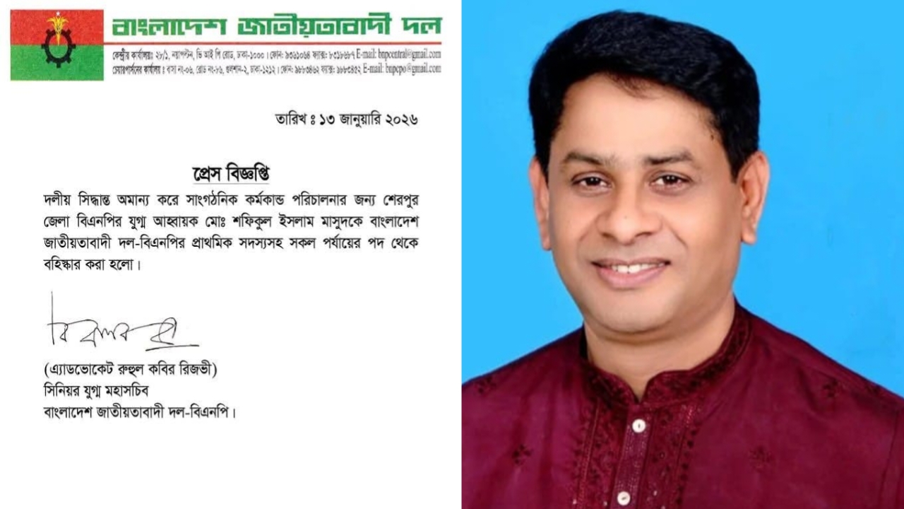 শেরপুরে বিএনপির বিদ্রোহী প্রার্থী মাসুদকে দল থেকে বহিষ্কার