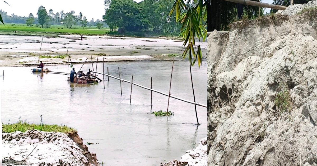জলঢাকায় বুড়িতিস্তা নদীতে মেশিনে বালু উত্তোলন, ভাঙনের ঝুঁকিতে নদীর পাড়